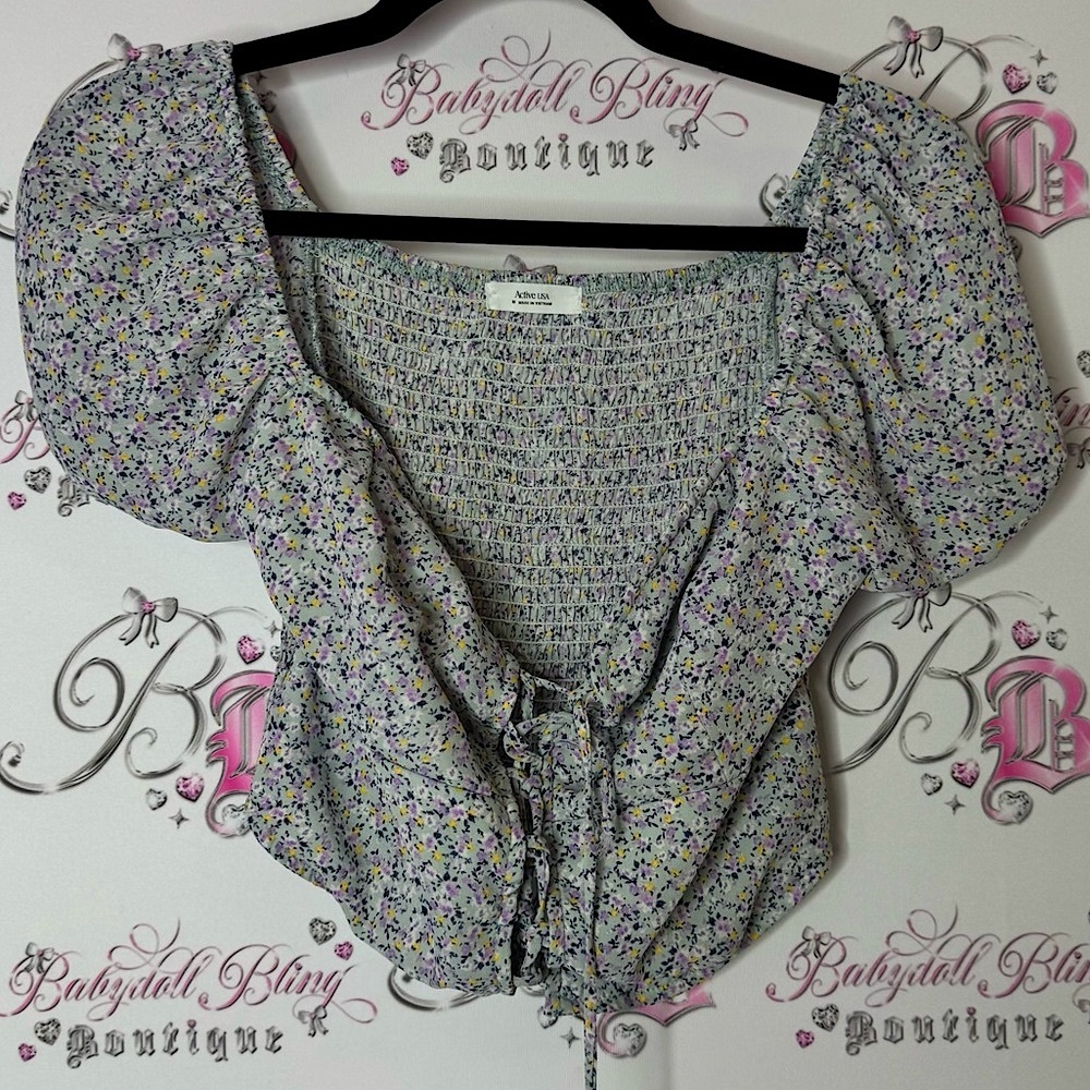 Active USA tshirt cropped corset lace up bubble Puff Sleeve Top floral